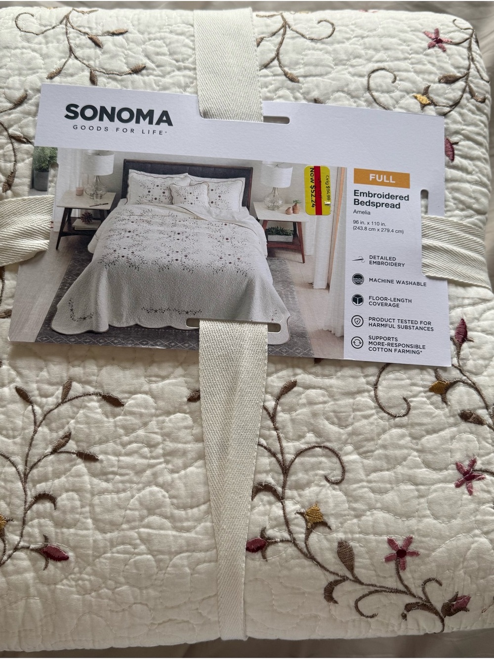 Sonoma Cream Embroidered Bedspread with Pink & Brown Floral Accents full size